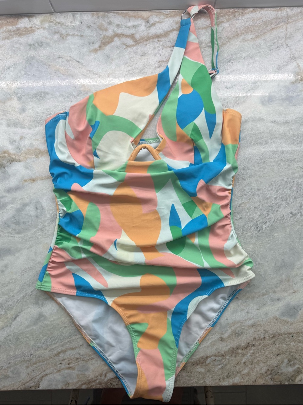 Asymmetric One-Shoulder Swimsuit in Pastel Abstract Print